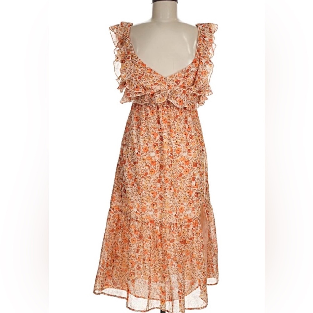 BLACK TAPE Dainty Floral V neck Sleeveless pink orange Fit and Flare midi dress - Picture 9 of 11